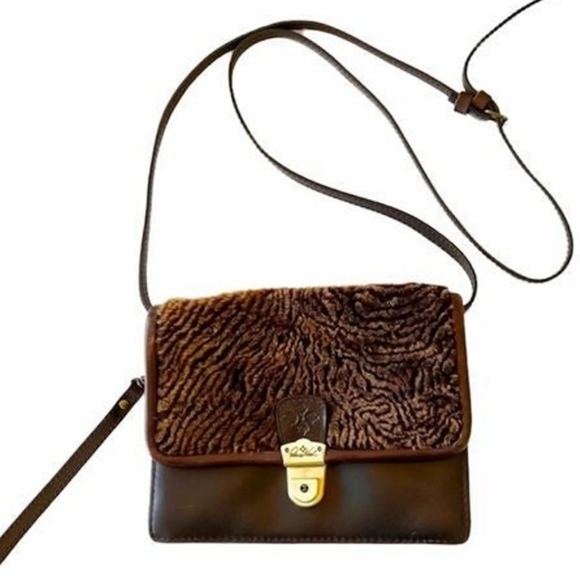 Patricia Nash shearling and leather crossbody bag with pom poms 9"x 7"x 2.5" - Picture 4 of 14